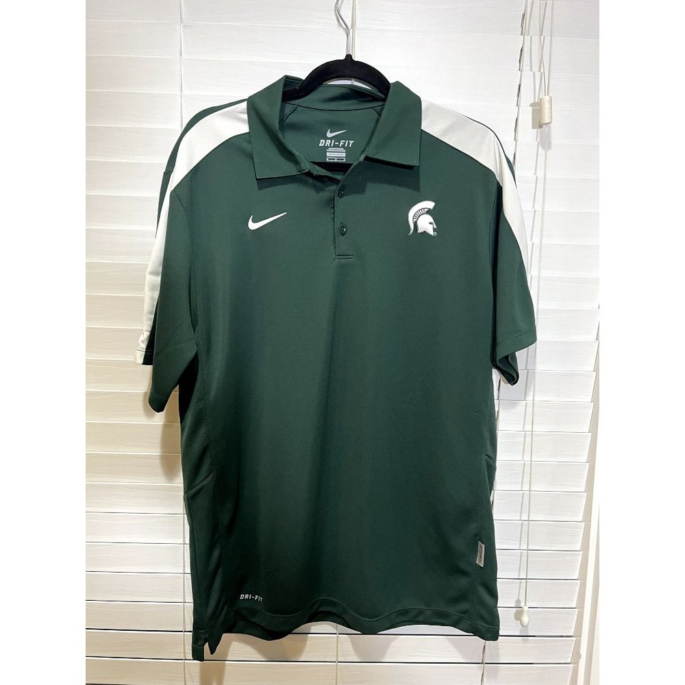 Nike Dri-FIT Michigan State Spartans Polo Mens Medium Green White Athletic Shirt